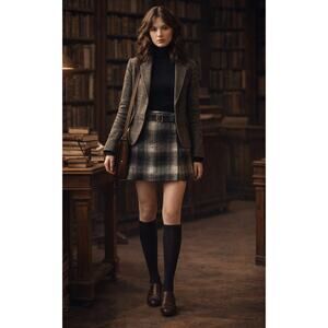 Gray Black White Plaid Tweed Wrap Mini Skirt w/ Belt Gossip Girl Academia S
